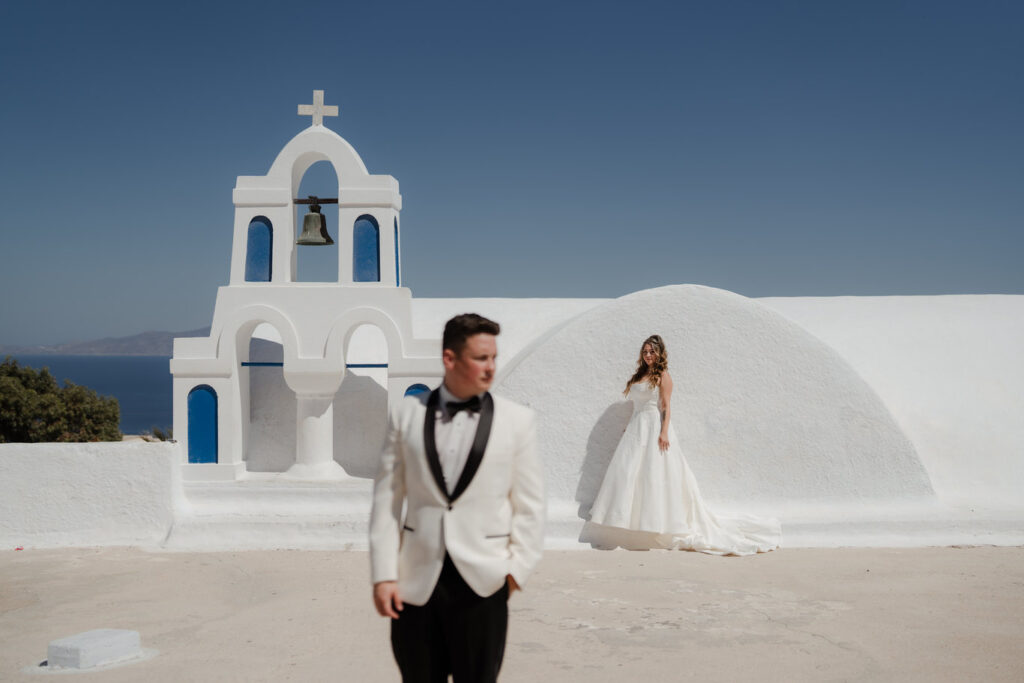 Bride and groom in scenic location.